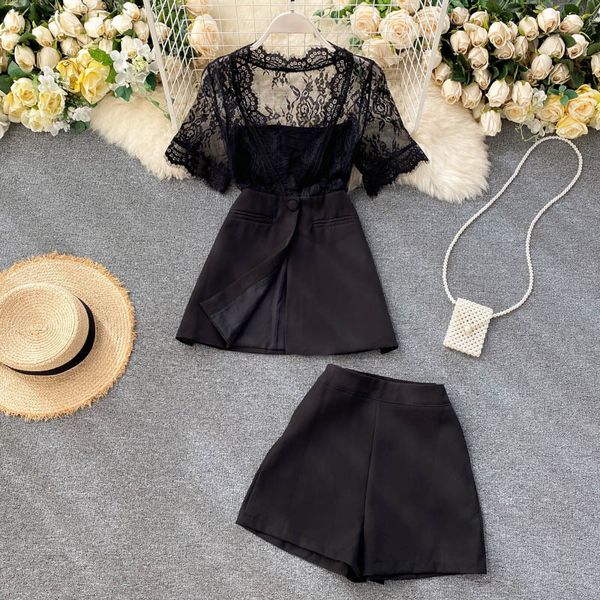 

women's tracksuits women fashion short sleeve perspective lace stitching +short wide leg pants two-piece sets n580 3lft, Gray