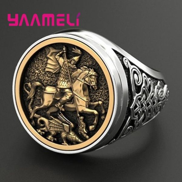

outlets 925 ring for men sterling silver soldier dragon hero design stylish hip hop punk wide band personality heavy jewelry, Golden;silver