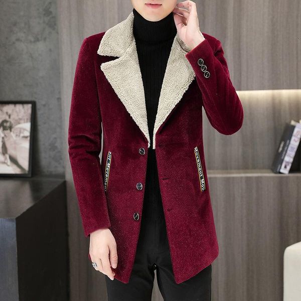 

men's wool & blends 2021 woolen coat medium long blend windbreaker trend thick warm jacket lamb large lapel abrigo largo hombre, Black
