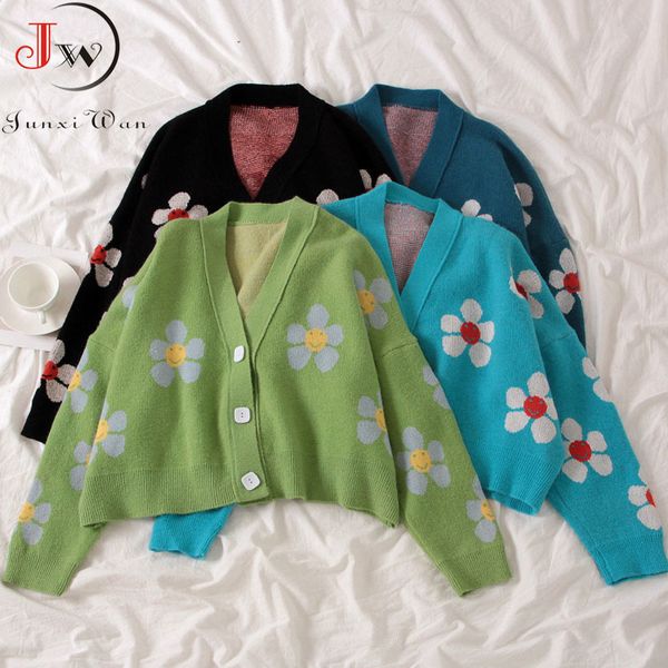 

autumn winter elegant flower knitted cardigans sweater women v neck loose thick pull femme short casual coat cardigan 210510, White