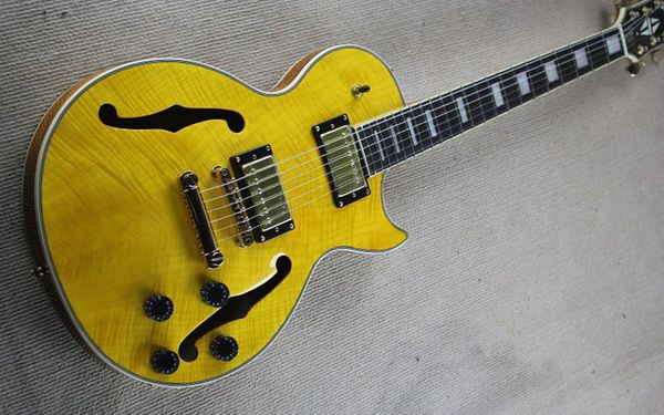 

small jazz body semi - hollow electric guitar tiger veneer yellow body