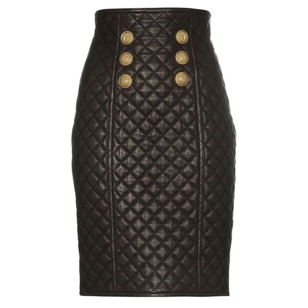 

est designer skirt women's sewing grid empire synthetic leather 210629, Black