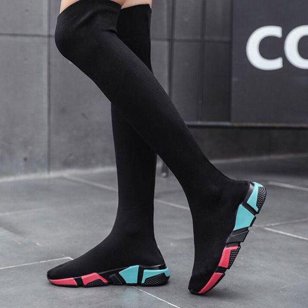 

boots women's over the knee long shoes 2021 lightweigt elastic high women flats wild socks brand designer boot, Black