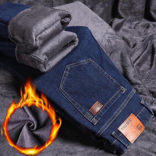 

men's jeans high-end brand winter classic fashion plus velvet thick stretch denim trousers male loose straight fleece warm pants, Blue