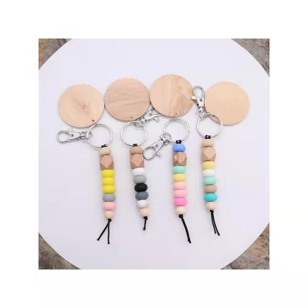 

foreign trade wooden beads and silicone beads keychain can be printed round key ring, Silver