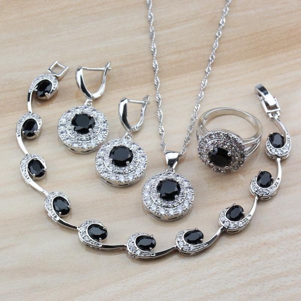 

wedding jewelry sets simple round black zircon white crystal costume 925 silver for women earrings/necklace/bracelet and ring, Slivery;golden