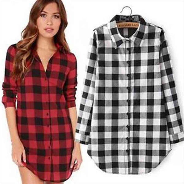

lady long sleeve plaid check oversized shirt blouse plaid shirt plus size, White