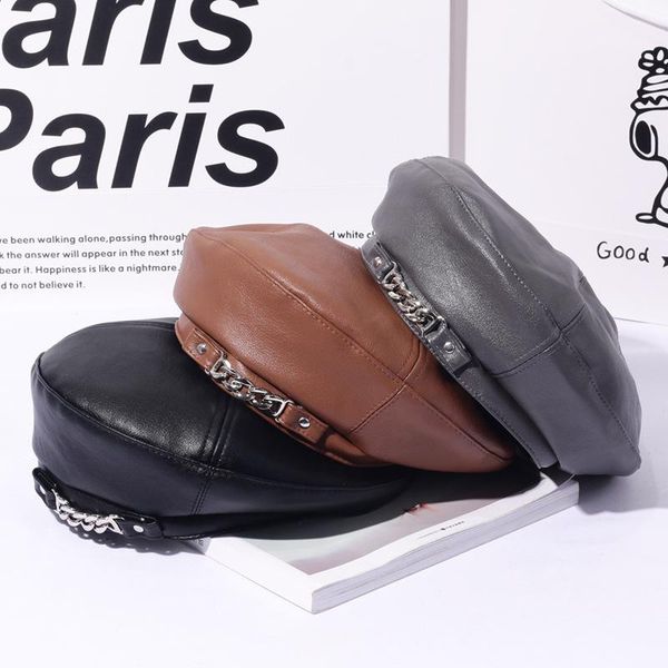 

stingy brim hats retro chain leather beret british style octagonal hat female fashion wild painter pu tide, Blue;gray