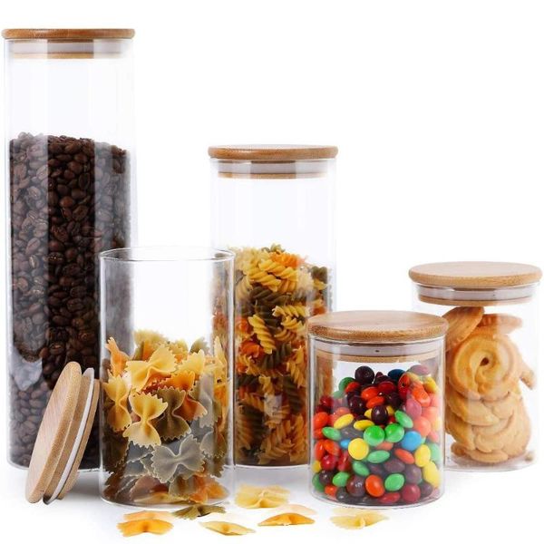 

storage bottles & jars glass containers set,airtight with bamboo wooden lids for sugar,candy, cookie, rice and spice