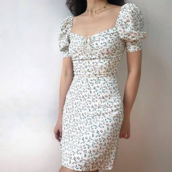 

casual dresses summer dress retro boho style ladies tie floral print mini elegant puff sleeve vestidos, Black;gray