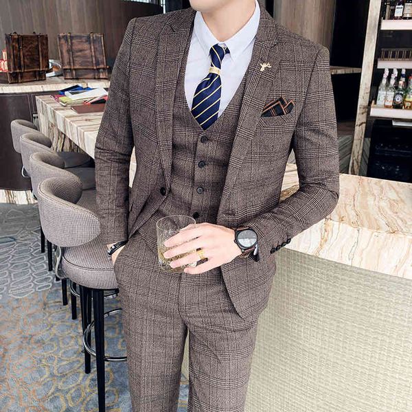 

men's suits & blazers ( jacket + vest pants ) boutique fashion mens plaid casual business high-end social formal 3 pcs set groom w, White;black