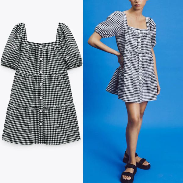 

dresses summer women short sleeve gingham vintgae mini es woman fashion square neck button up paid, Black;gray
