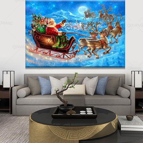 

paintings hdchristmas poster canvas print painting elk santa claus landscape pictures wall art home room living decor christmas gift