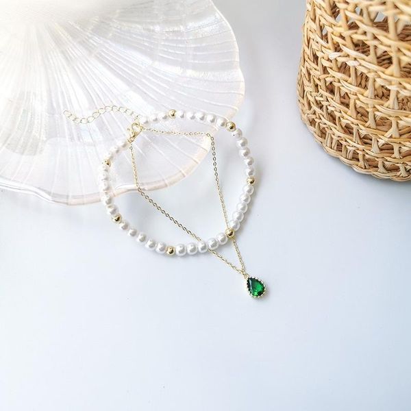 

korean double layer bracelet simulated pearl luxury green crystal for women wedding gift charm fashion jewelry link, chain, Black