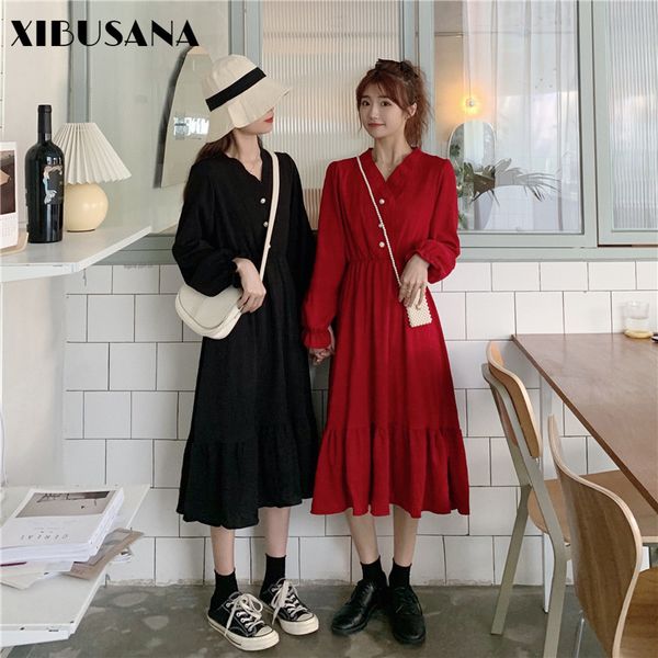 

autumn v-neck wrinkle pleat dress women vintage solid elastic high waist pearl button ruffle a-line dresses female 210423, Black;gray