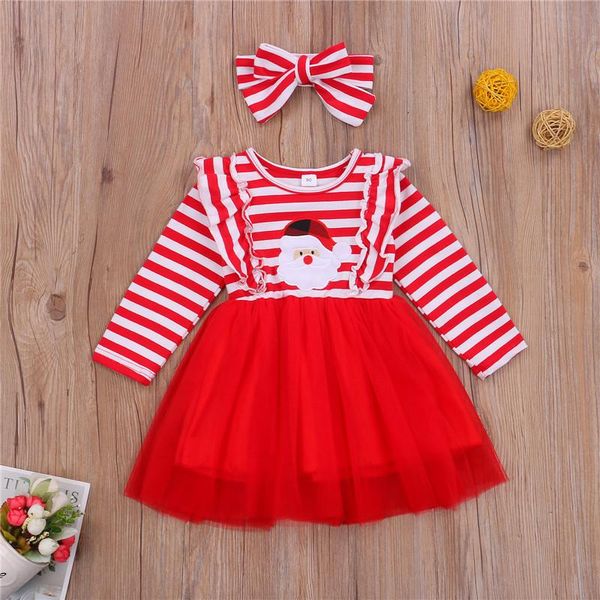 

clothing sets girls christmas two-piece clothes set red stripe and santa claus printed pattern dress+ headdress for 1-6 years, White