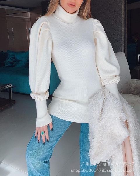 

women's sweaters 2021 high neck bubble long sleeve sweater, White;black