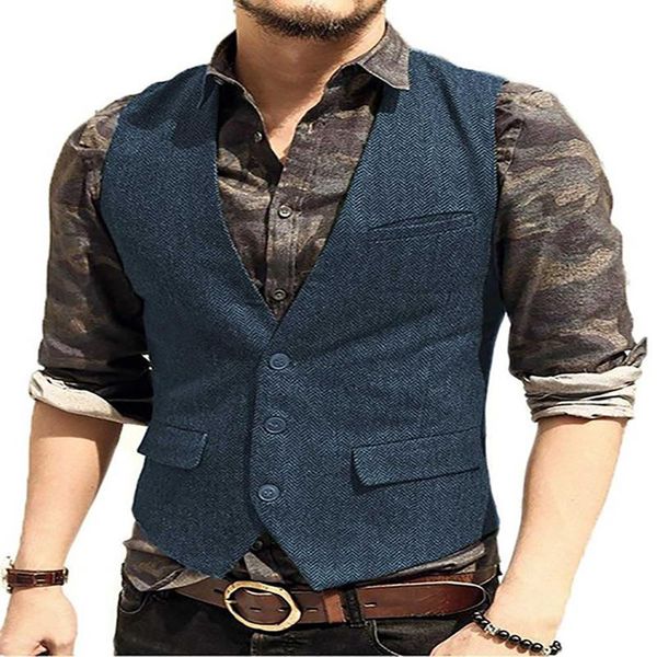 

men's vests 2021 suit vest v neck wool herringbone tweed slim fit leisure cotton gentleman business waistcoat for wedding groomsmen, Black;white