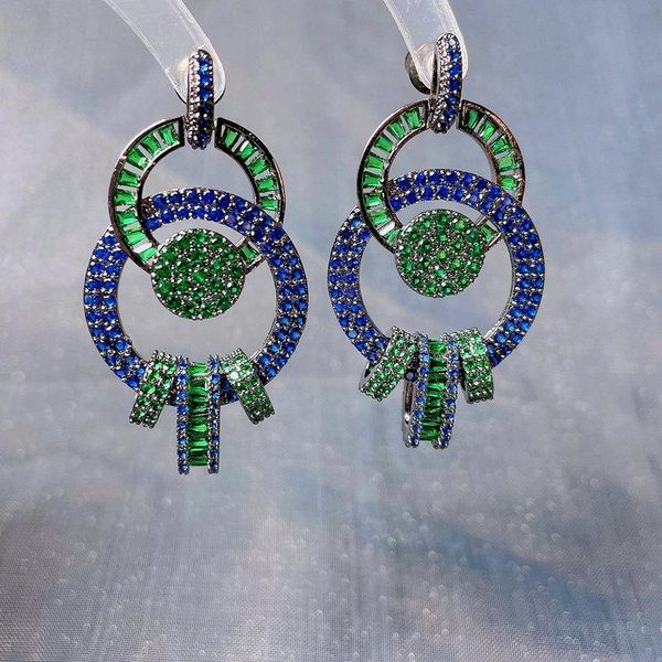 

bilincolor vintage zircon blue and green round circle drop earring for women dangle & chandelier, Silver