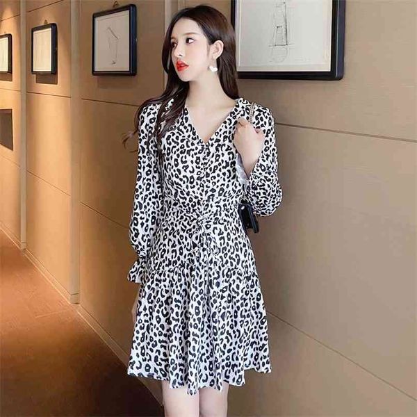 

fashion waist slimming flared sleeves ruffled hem long-sleeved chiffon dress spring casual women's mini skirt 210520, Black;gray