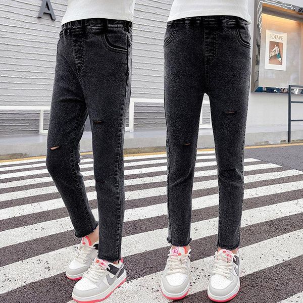 

jeans fashion for kids girls spring autumn elastic waist denim pants hole skinny teens children casual trousers, Blue
