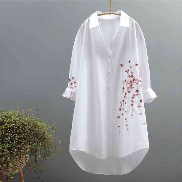 

plus size 100% cotton white blouse women summer embroidery floral long shirt womens and blouses casual shirt dress