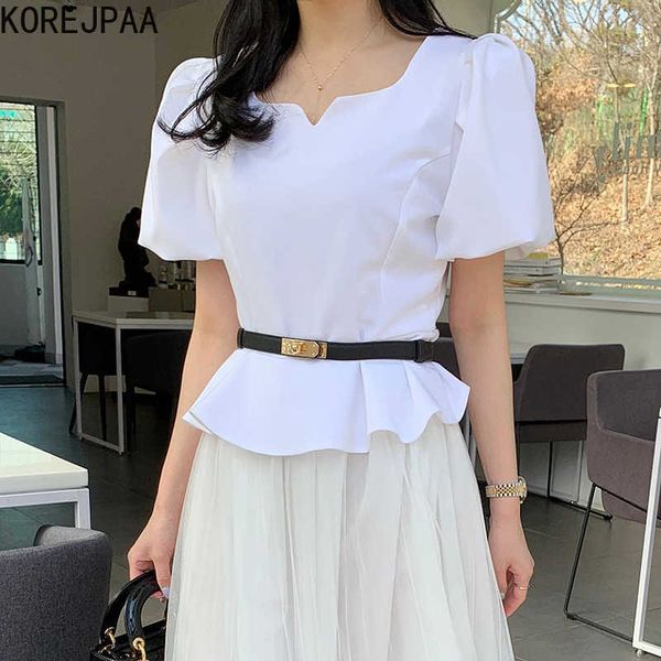 

korejpaa women shirt summer korean chic french style square collar exposed collarbone slim-fit ruffled puff sleeve blouses 210526, White