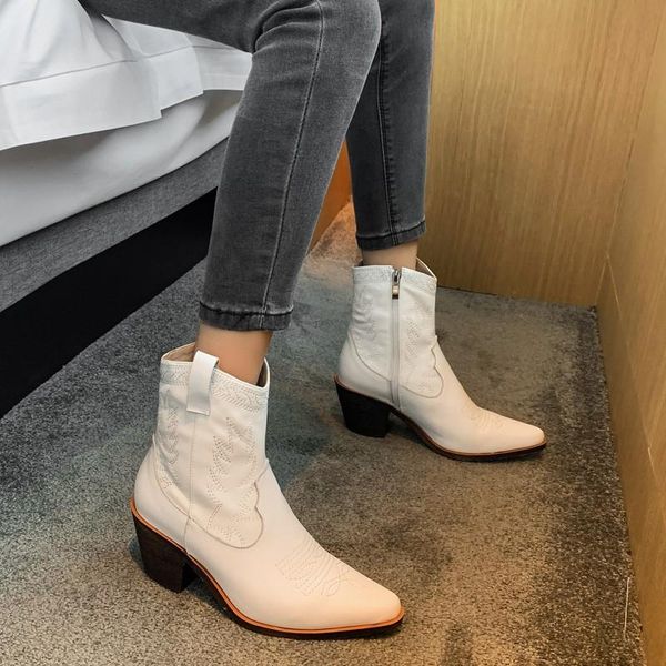 

boots handmade quality winter women shoes chunky heels ankle genuine leather embroidery high brown western size 42, Black