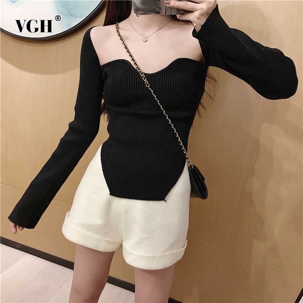 

slim basic solid sweater for women square collar long sleeve minimalist red knitted pullovers female fashion style 210531, White