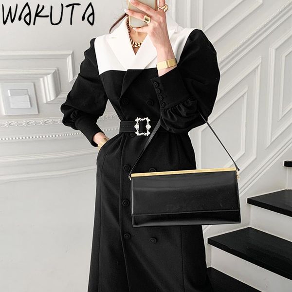 

casual dresses wakuta offical black white colorblocked dress 2021 autumn spring ol fashion sashes high waist long elegant frrench, Black;gray