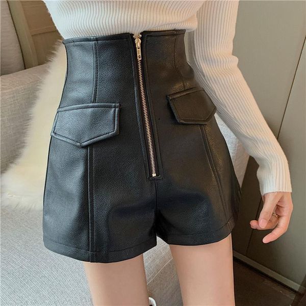 

women's shorts high waist pu leather women zipper moto & biker wide leg short pants autumn winter female trousers pantalon y122, White;black