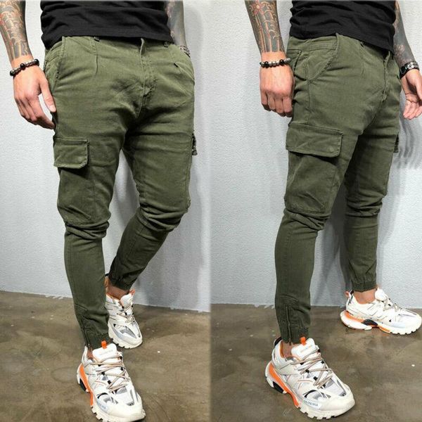 

men's fashion slim pocket urban straight leg trousers jogging joggers cargo pant casual skinny pencil pants, Black