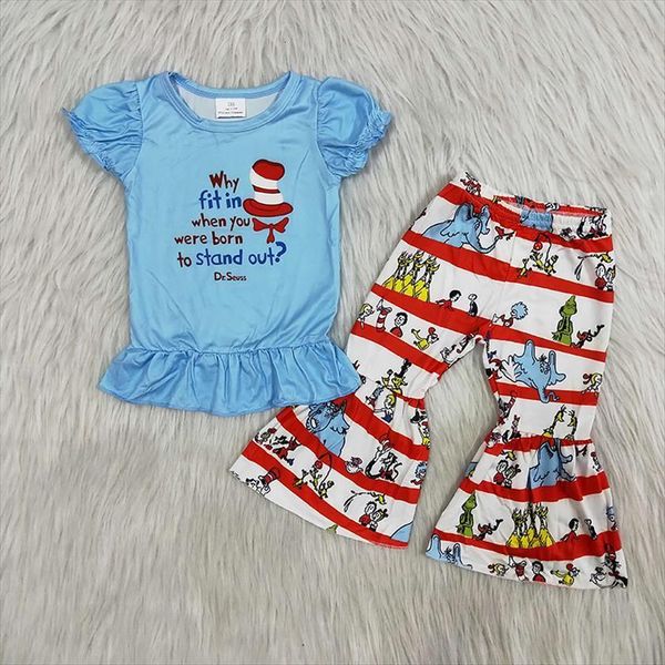 

wholesale fashionable baby girls cat clothes blue shirt bell bottomed pants boutique infant outfit children toddler kid clothing, White