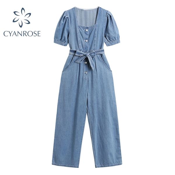 

summer vintage denim jumpsuit female with belt square collar casual jeans fashion short-sleeved loose pants ladies 210430, Black;white