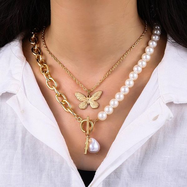 

chains fashion multilayer pearl chain necklaces & pendants for women 2021 girls vintage butterfly pendant necklace jewelry accessories, Silver