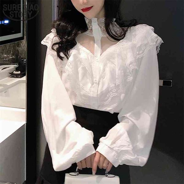 

autumn long sleeve women's blouse lace stitching ruffles solid puff hollow woman's shirts blusas mujer 11265 210508, White