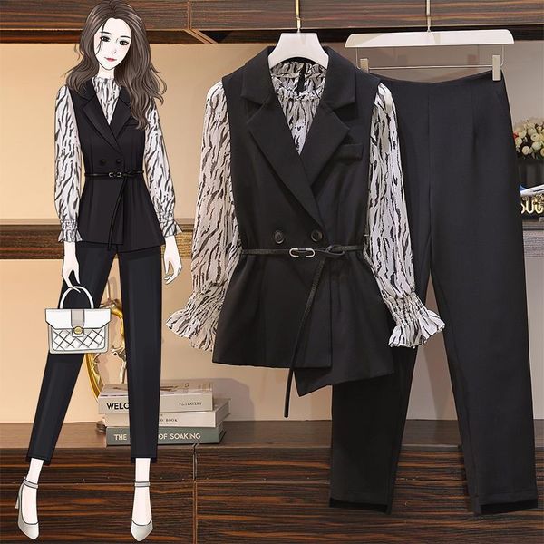 

grote size vrouwen driedelige pakken womens pants pak herfst professionele vest pure shirt losse broek vrouwelijke sets  4xl, White