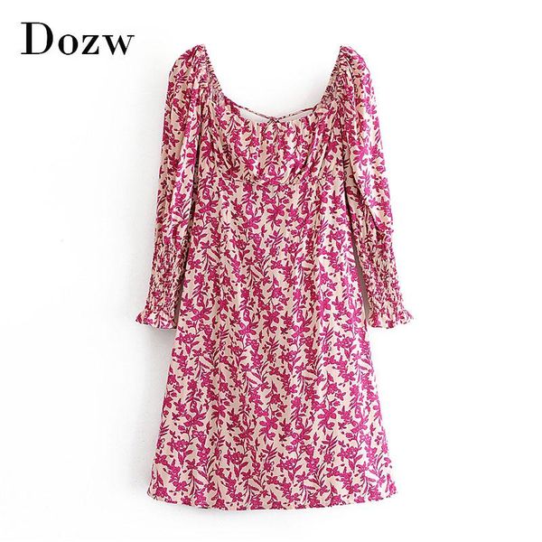 

casual dresses women long sleeve floral print dress back bow tie hollow out holiday sweet a line ruffle mini robe femme, Black;gray