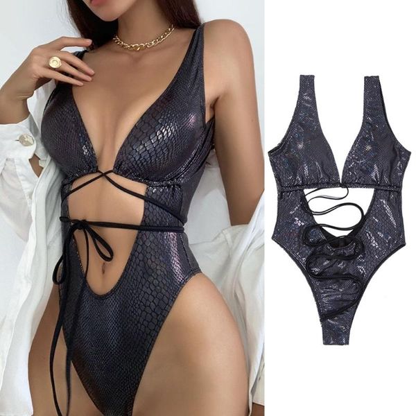 

one-piece suits x7xe solid color fashion swimsuit strappy pu leather beach vacation bikini swim swimwear women