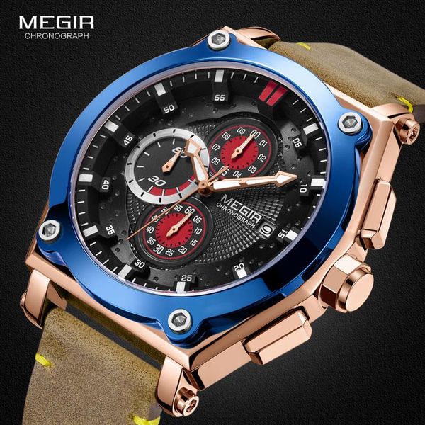 

wristwatches megir men's army chronograph quartz watches leather 3 atm waterproof sports wristwatch for man relogios masculino 2098 ros, Slivery;brown
