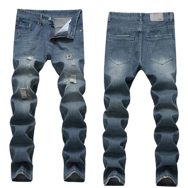 

men's jeans stretch slim ripped holes skinny high street style blue