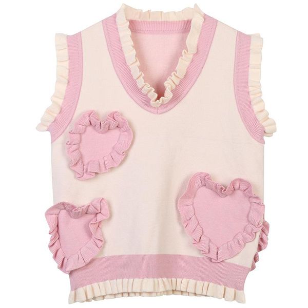 

women's vests japan style kawaii lolita v-neck ruffled striped heart-shaped embroidered loose sweater vest women sleeveless knitted jum, Black;white