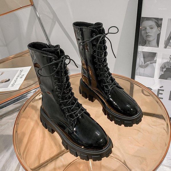 

boots 2021 women motorcycle wedges flat shoes woman high heel platform pu leather lace up black girls1