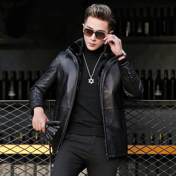 

men's jackets mink coat fur one goat skin detachable liner medium length lapel leather, Black;brown