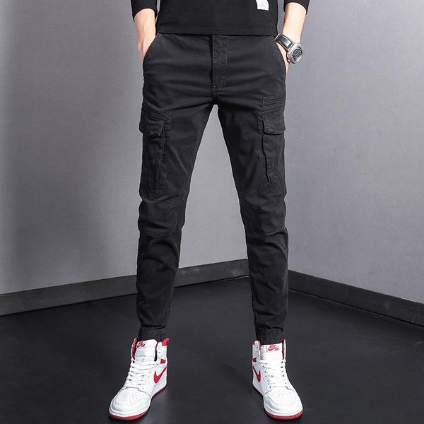 

fashion streetwear men jeans black big pocket casual cargo pants korean style slim fit hip hop joggersousers overalls men's, Blue