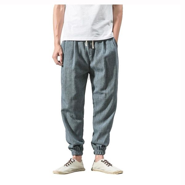 

men's pants 2021 cotton linen male summer breathable solid color trousers fitness streetwear baggy harem long #t2g, Black