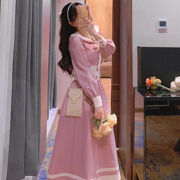 

casual dresses 2021 spring preppy style pink kawaii dress women sailor collar puff sleeve vintage midi ladies party one piece korea, Black;gray