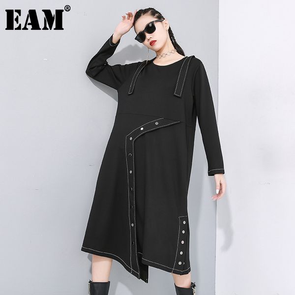 

[eam] women black button split asymmetrical dress round neck long sleeve loose fit fashion spring autumn 1n488 21512, Black;gray