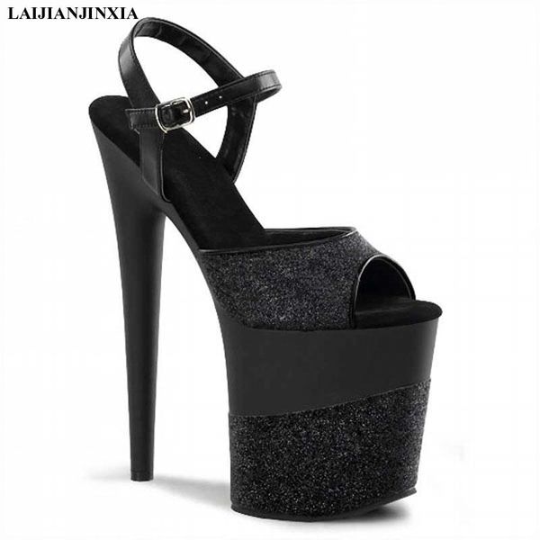 

inch women sandals crystal shining heart platform pumps ultra high heels 20cm nightclub peep toe, Black