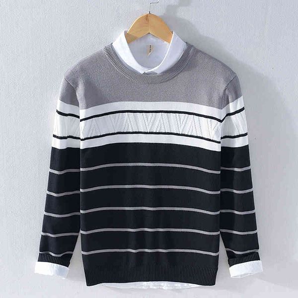 

men's casual shirts autumn and winter style thick striped long-sleeved round neck sweaters for men trendy slim sweater mens l83g, White;black